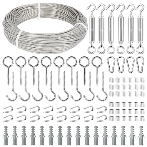TooTaci Kit de Câble en Acier 50m/2mm Fil de Jardin pour Plantes Grimpantes, 2mm Câble Métallique Gainé PVC avec M5 Tendeurs, pour Suspension de Guirlandes...