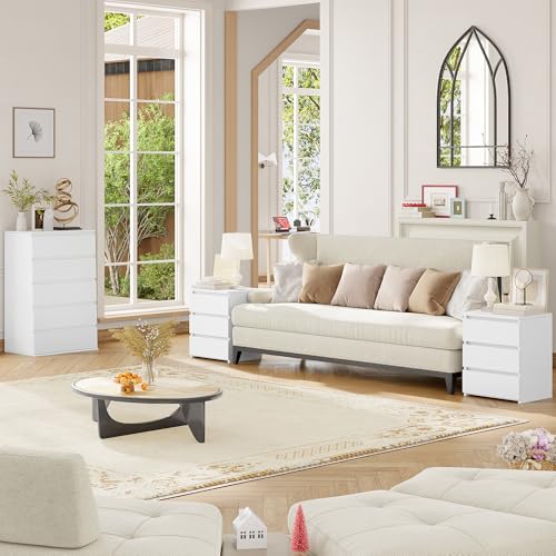 Image of FOTOSOK Nightstand with 3 Drawers, White Nightstand Bedside Table for Bedroom, 17.7W*15D*21.7H Bedroom Night Stand with Cut-Out Handle for Small Space /Apartment, Sofa Side Corner End Table for Home