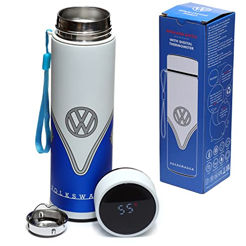 Puckator VW Campervan Blue T1 Volkswagen Insulated Hot & Cold Drinks Bottle LED Temperature Display Reusable Leakproof Thermal Travel Flask 450ml Stainless Steel, Cool for 24 H Warm for 6 Hours