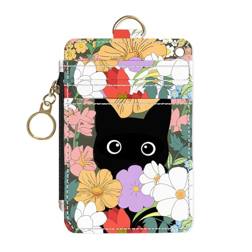 Image of Slim Wallet Credit Card Holder, Flower Bushes And Cats, RFID Wallet Women Cute Small Front Pocket Wallet With Zipper, PU Leather Thin travel RFID Blocking Card Case ID Window ,Ladies Gifts