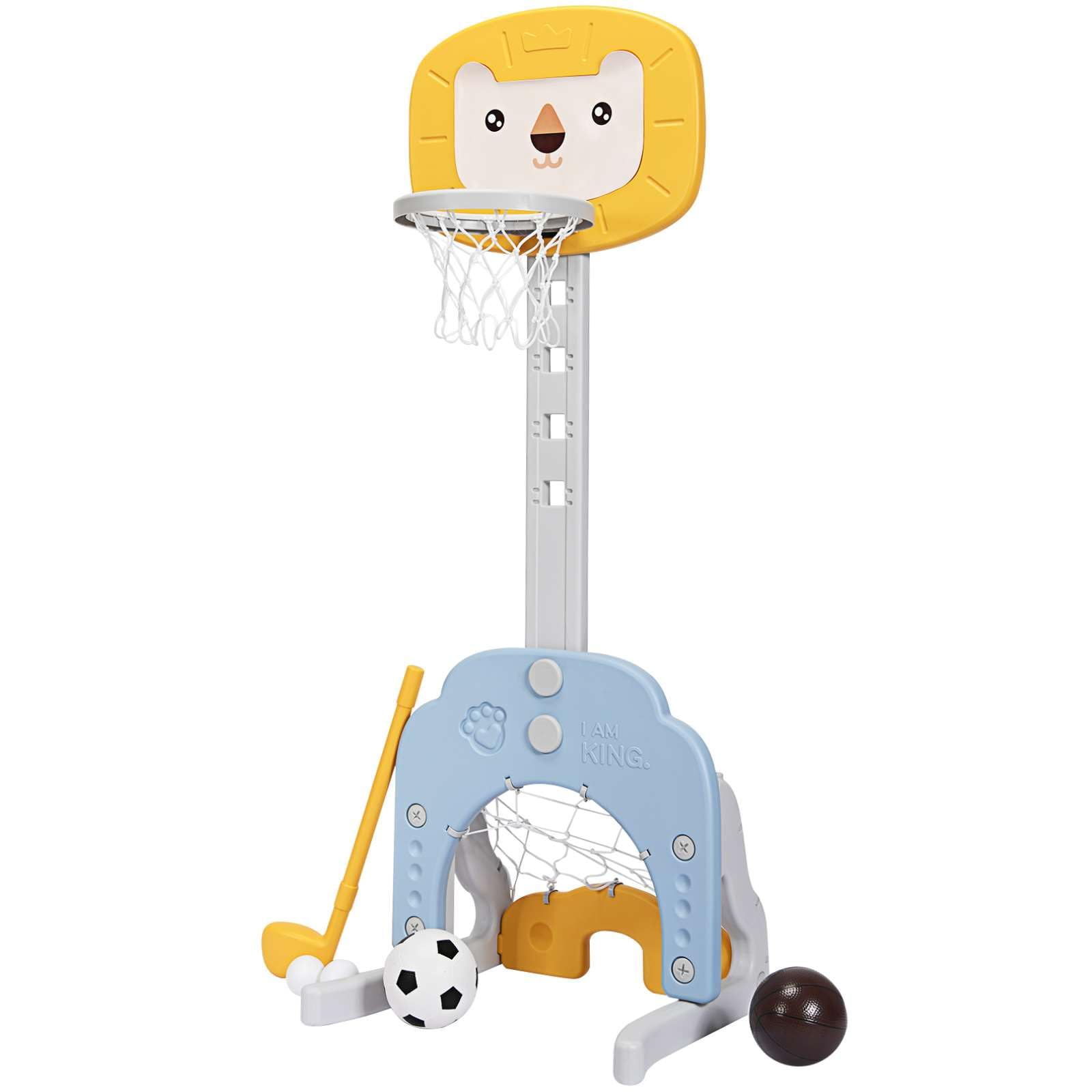 GYMAX 3-IN-1 Kids Basketball Stand, Basketball Hoop Set with Soccer and Golf Play, Height Adjustable Sports Activity Center for Toddler Children (Blue+Yellow)