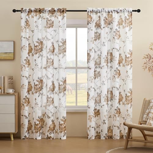 Brown Floral Curtains 90 Inches Long 2 Panels for Bedroom Dining Room Vintage Flower Sheer Curtains Rod Pocket Slub Textured Window Drapes for Living Room Hallway Cottage Farmhouse, 52x90, Taupe