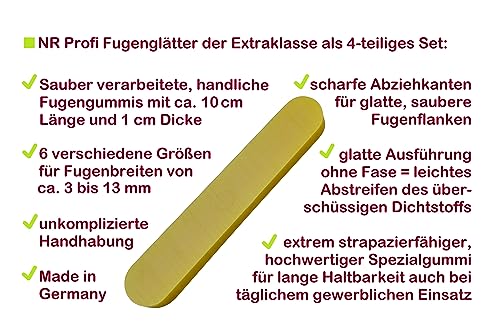 NR-Fugenzubehör Profi Silikon-Abzieher Set 4-teilig | extrem strapazierfähiger Fugenrobbe Spezialgummi auch für Acryl | für Fugen von ca. 3 – 13 mm Breite | auch hinter Fensterband