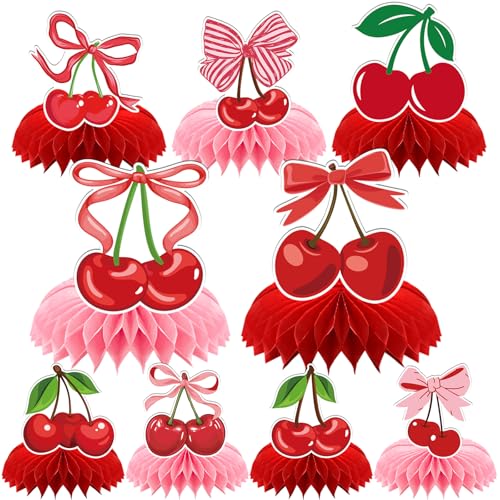 Image of Cherries Birthday Party Decorations - 9 Pcs Pink Bow Honeycomb Centerpieces for Girls Women Sweet Cherries Table Ornaments Sets Happy Paper Fruit Theme Supplies Red Coquette Display Decors