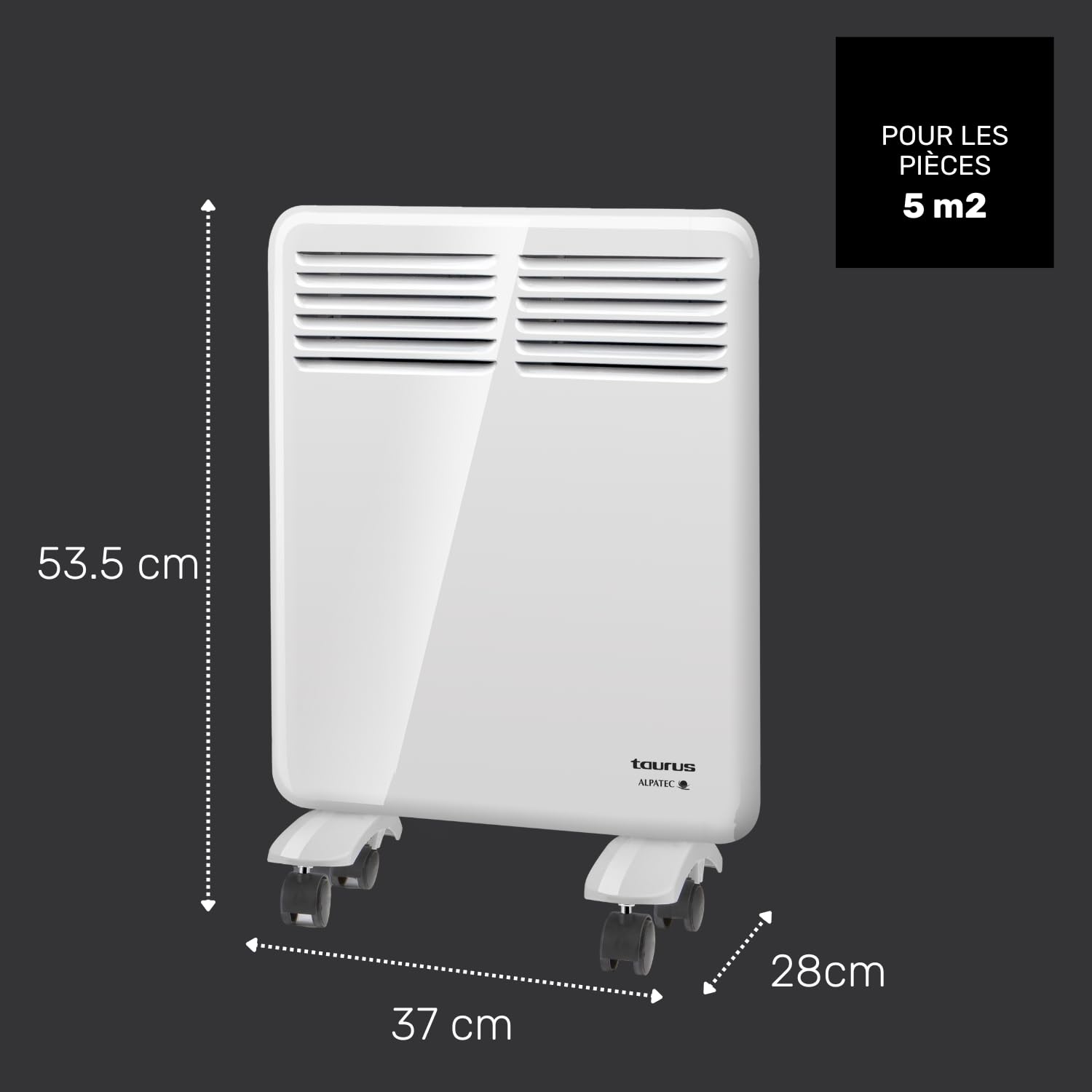 Taurus CHTA 500 - Convecteur électrique 500W, IP24 pour une utilisation en salle de bain, Support mural, Écran numérique, Programmable, Sécurité anti-chauffe, Capteur "Fenêtre ouverte", Blanc