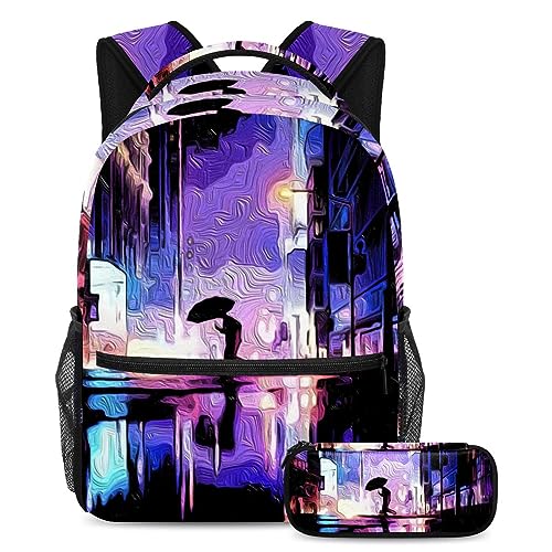 Sac à dos peinture à l'huile pour le voyage et le collège, set de 2 pièces