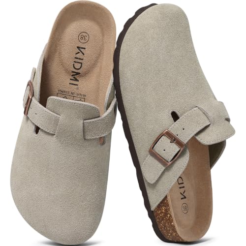 Image of KIDMI Genuine Suede Clogs for Women Men Cork Footbed Sandals Leather Mules Potato Shoes with Arch Support