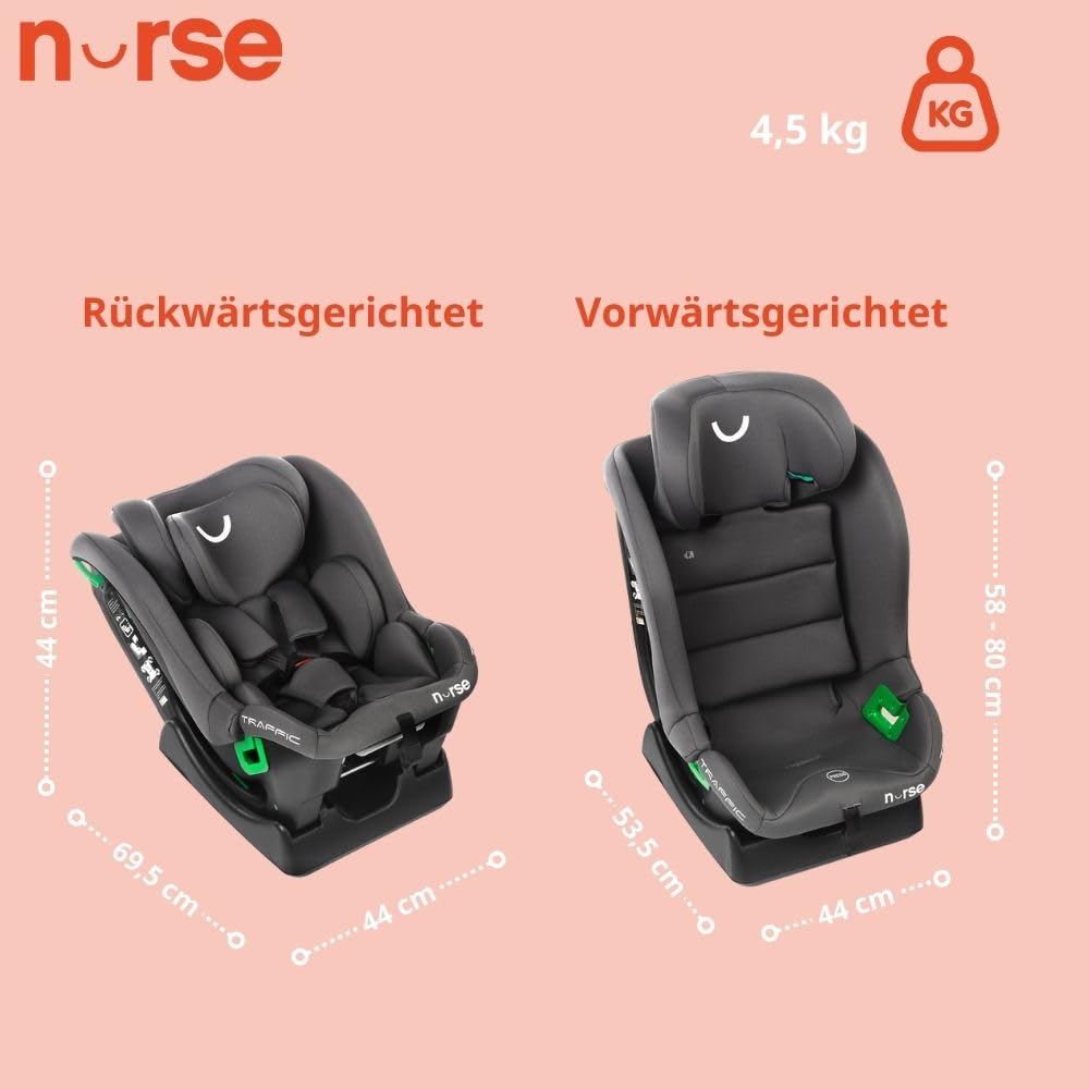 Nurse Traffic Kindersitz i-Size 40-150 cm, 0-12 Jahre, Ohne Isofix, Rückwärtsgerichtet, Verstellbar, mit Neugeboreneneinsatz, Gurtinstallation, Grau
