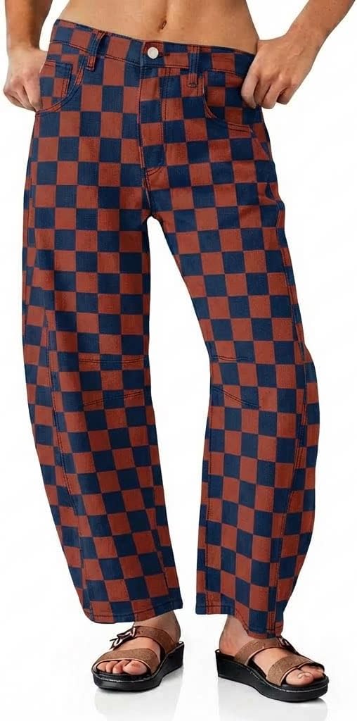 utcoco Women's Checkerboard Print Barrel Leg Jeans Boyfriend High Waist Wide Leg Stretchy Denim Pants