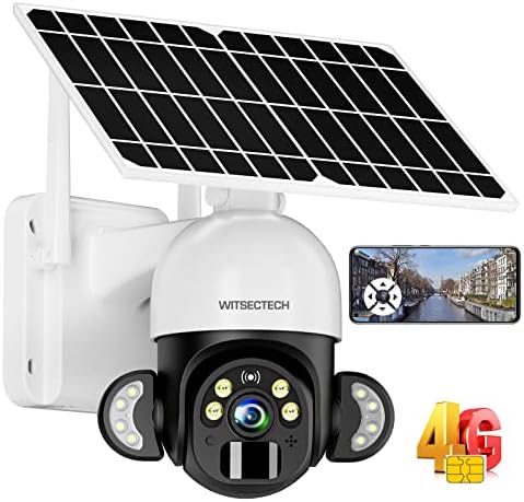 WITSECTECH 4G LTE Cellular Security Camera with SIM(Verizon AT&T T-Mobile) Solar Outdoor Camera 2K Live Video，360° PTZ，Night Vision,Spotlight，PIR Motion Alerts，Cloud Storage- No WiFi Camera