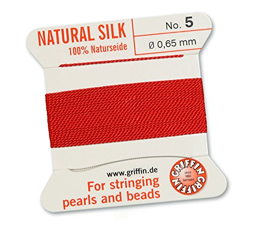 GRIFFIN 100% Natural Silk Beading Cord String Thread - Red - 2 metres with one needle - Size 0.65mm