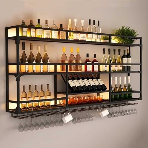 Estante de vino montado en la pared con iluminación LED y soporte de vidrio, estantes flotantes para cocina, comedor, bar de almacenamiento