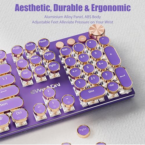 TISHLED Typewriter Style Mechanical Gaming Keyboard White LED Backlit 104-Key NKRO Pink Switches Retro Round Keycaps Golden Ring Volume Knob Metal Panel Wired USB-C Detachable Cable, Purple - Thumbnail 7