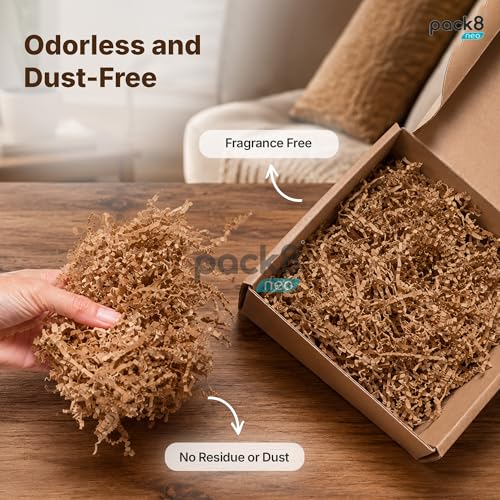 Image of Pack8neo Shredded Paper Cutting For Giftpacking, Hampers, Gift Baskets & Boxes, 500g | Sustainable grass paper, Crinkle Cut filler, Gift Packaging Protection & Recyclable decoration material, Brown