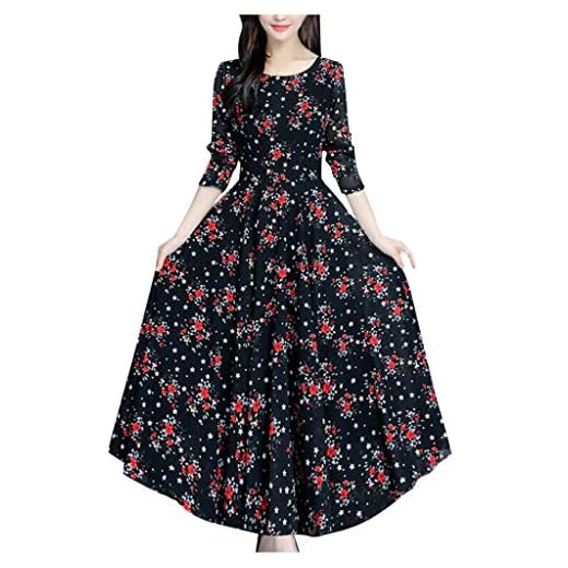 Tee Dress Dress Sleeve Casual Beach Boho Women Party Dress Floral Vintage Long Women's Dress Long Sleeve Maxi Dresses (Black, S)