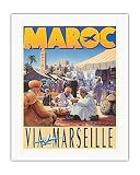 Morocco (Le Maroc) Via Marseille France - Vintage Airline Travel Poster by C. Trouche c.1970s - Fine Art Rolled Canvas Print 20in x 26in