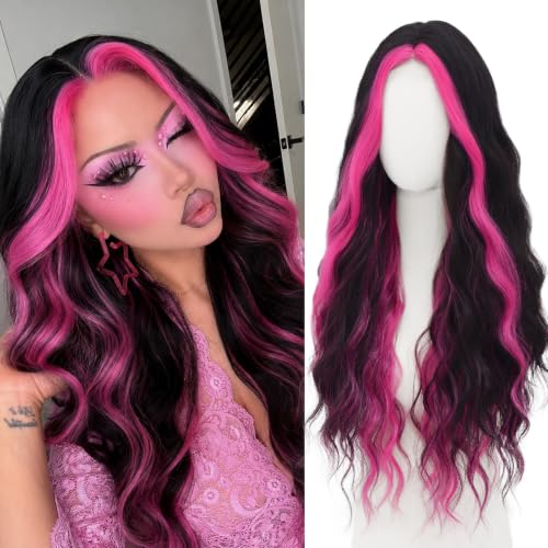 WECAN Hot Pink Black Wig for Women Long Wavy Synthetic Wig 28 Inch