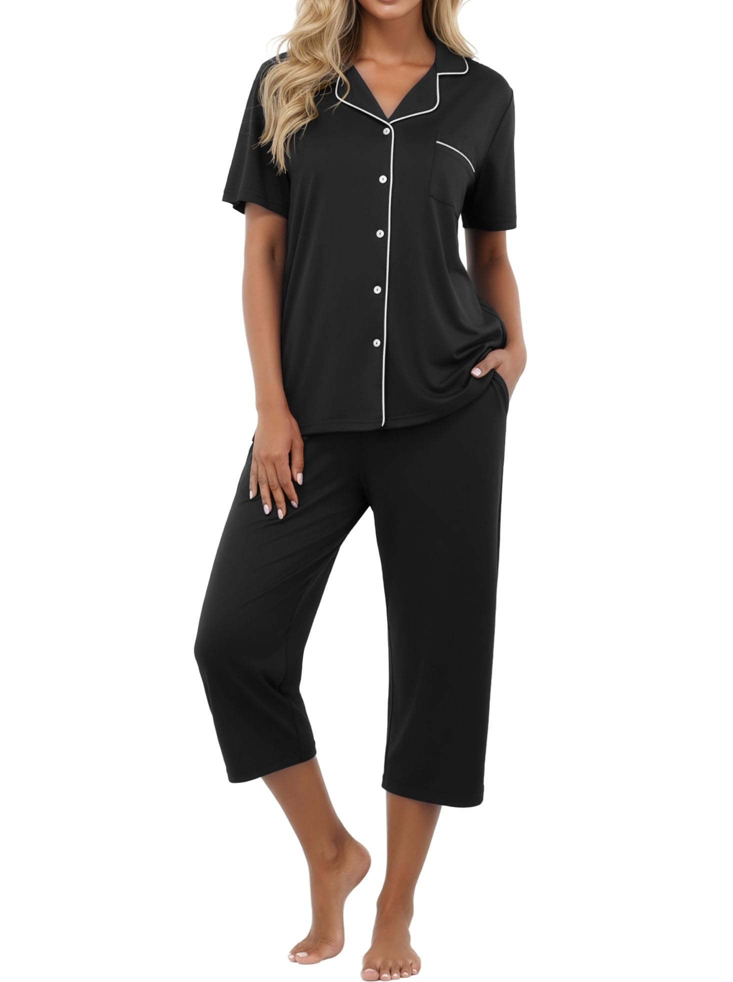 PrinStory Capri Pajamas for Womens Button Down Pjs Short Sleeve Comfy Lounge Set 2 Piece Pj Sets with