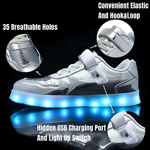 Wooowyet Kids Led Sneakers For Boys Hook&Loop Low Light Up Shoes Led Girls Usb Recharging Silver #TOP1