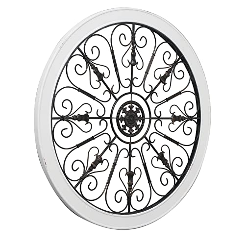 Vintage Round Metal Art Wall Decor For Living Room 36 Inch, Hanging Rustic Wood And Metal Wall Decor, Distressed Finish Flower Wrought Iron Wall Decor, Scroll Wall Panel Sculptures For Outdoor Bedroom #TOP7