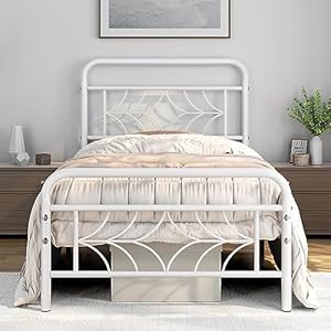 Topeakmart Twin Bed Frames Metal Platform Bed with Sparkling Star-Inspired Design Headboard and Footboard/13 Inch Underbed Storage/No Box Spring Needed/Sturdy Slat Support, White Twin Bed