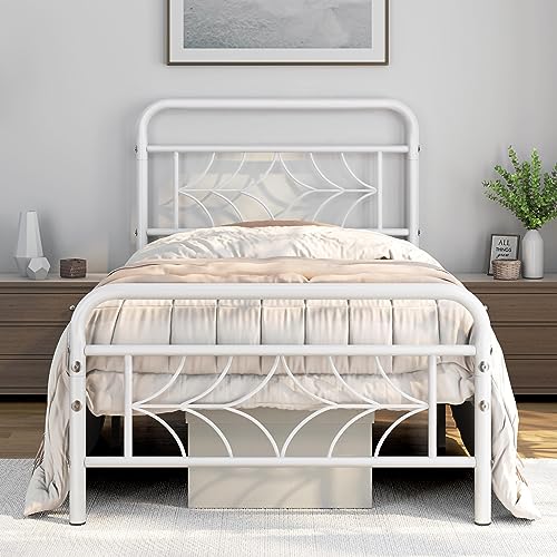 Topeakmart Twin Bed Frames Metal Platform Bed with Sparkling Star-Inspired Design Headboard and Footboard/13 Inch Underbed Storage/No Box Spring Needed/Sturdy Slat Support, White Twin Bed