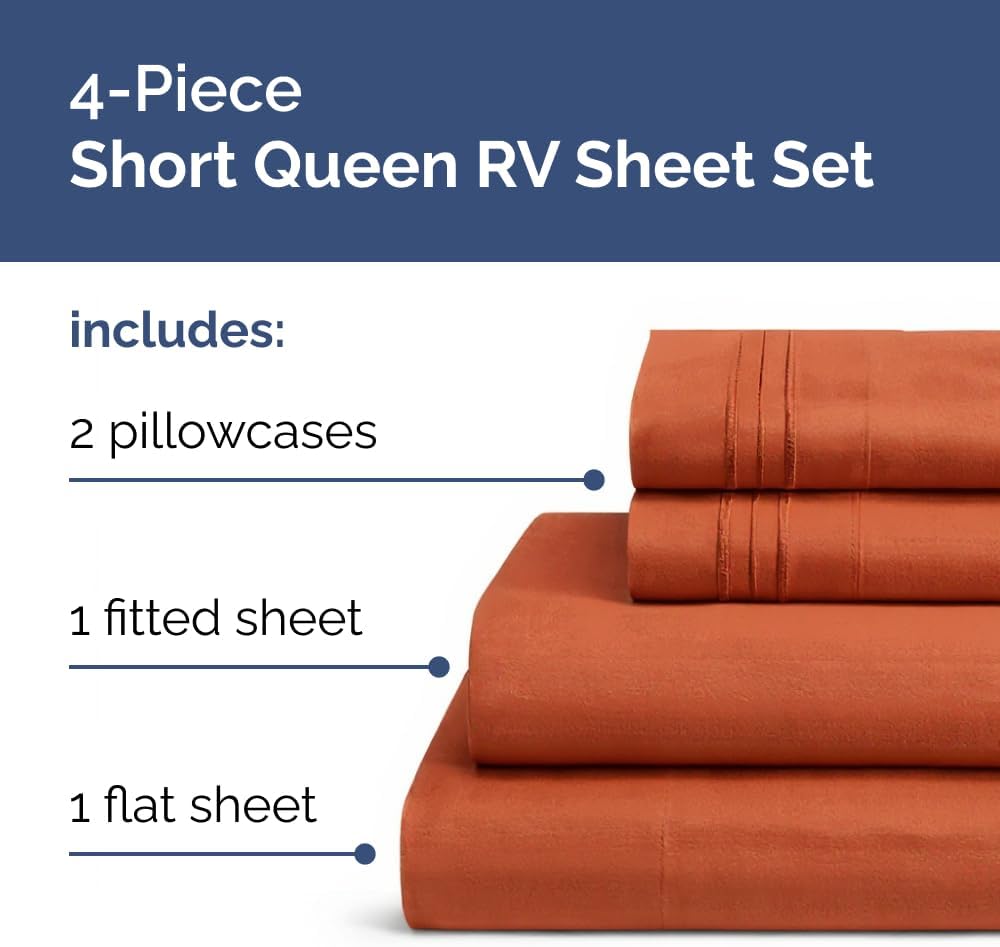 Short Queen Size 4 Piece Sheet Set - RV Short Queen, Soft, Breathable & Cooling Bed Sheets Set w/ Deep Pockets - Hotel Luxury Bedding for Women, Men, Kids, Teens, Boys & Girls - Oeko-Tex - Terracotta