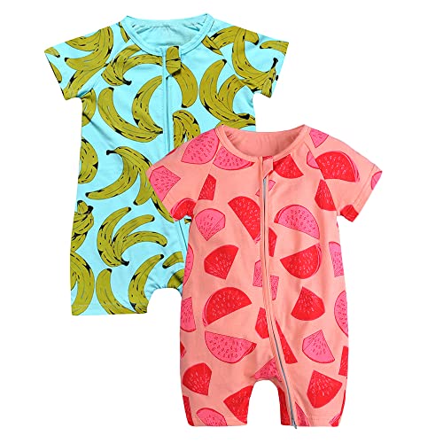 Image of MYGBCPJS Baby Boys Girls Cotton Jumpsuit Short Sleeve Pajamas Infant Graphic Zipper Romper Summer Outfits