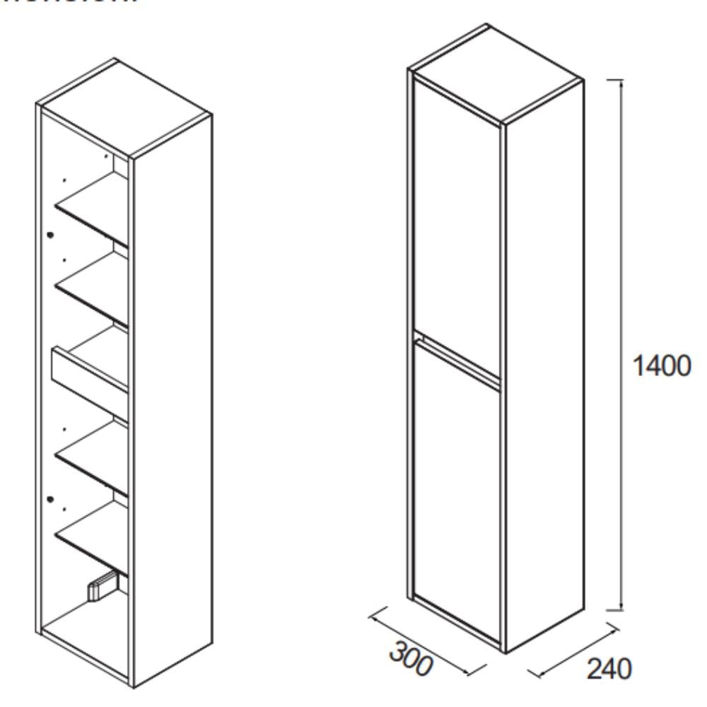 Columna de baño suspendida 140 x 30 cm con 4 estantes cristal color roble claro Caledonia – Noja