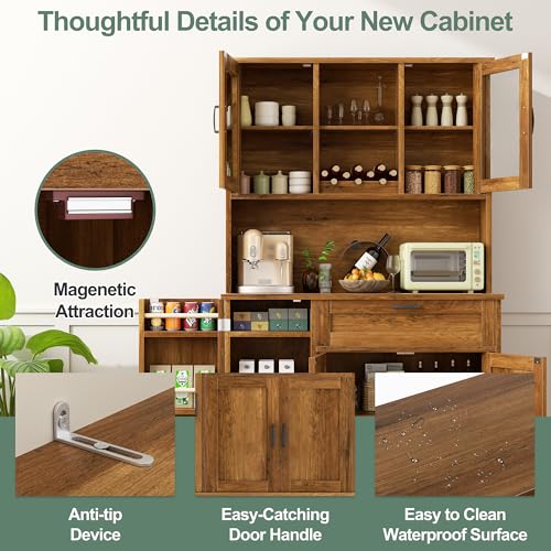 Image of Shintenchi Kitchen Pantry Storage Cabinet, Freestanding Buffet Cabinet with Microwave Stand & 3 Door Shelves, Kitchen Hutch with Doors, Adjustable Shelves and Wine Rack, Brown