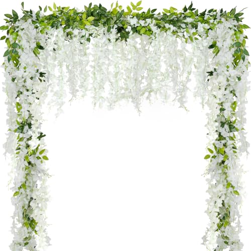 4Pcs Wisteria Artificial Flower Garland 6.9Ft White Wisteria Vine Silk