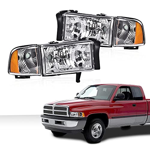 G-Plus Headlight Lamps Compatible With 1994-2001 Dodge Ram 1500/1994-2002 Dodge Ram 2500 3500 Clear Lens Chrome Housing Amber Reflector #TOP1