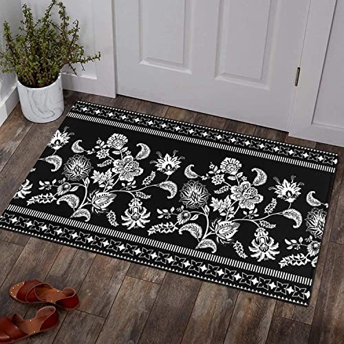 Ideasonna Black Floral Kitchen Rug Mat, Black And White Kitchen Rugs Sets Of 2 Washable Non-Slip Black Kitchen Mats For Floor 2 Piece Black Kitchen Decor #TOP6