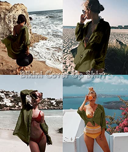 Image of Zoye Chen Women's Bikini Swimsuit Cover Up Button Down V Neck Shirts Long Sleeve Blouse Beachwear Bathing Suit