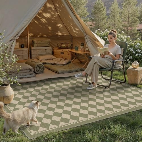 HUGEAR 3'x5' Green Outdoor Rug Waterproof Patio Linen-Look Checkered Outside Floor Mat Carpet for Deck Porch Balcony Backyard Camping RV Picnic Beach Area Rug Home Decor