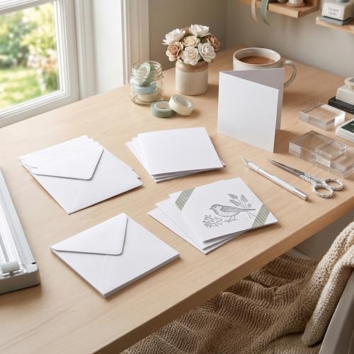 Image of Craft UK W103 6 x 6 Inch Linen Card and Envelope Pack of 50 - White