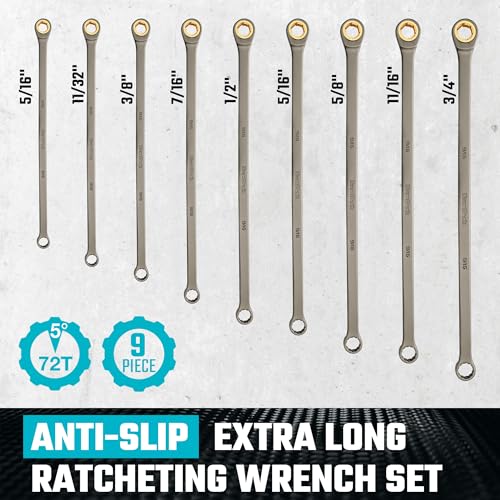 Image of DURATECH Extra Long Anti-Slip Ratcheting Wrench Set, Double Box End Wrench Set, 9-Piece, SAE, 5 /16 inch, 11 /32 inch, 3 /8 inch, 7 /16 inch, 1 /2 inch, 9 /16 inch, 5 /8 inch, 11 /16 inch, 3 /4 inch, CR-V Steel, with Rolling Pouch