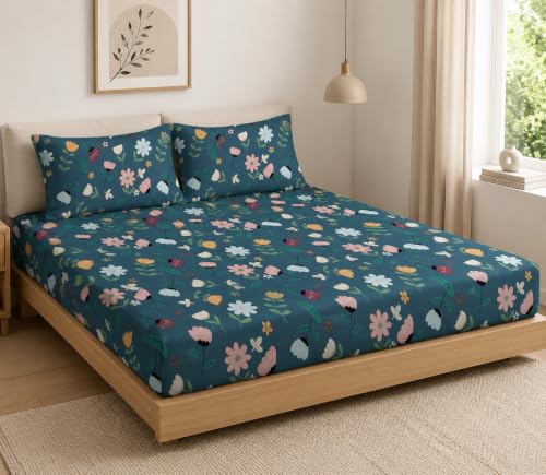 Image of LOOMLYFE 300 TC Cotton Double Bedsheet with 2 Pillow Covers | 90x100 Inches King Size Bed Sheet | Soft, Breathable & Fade Resistant Bedding Set - BlueMultiFlower