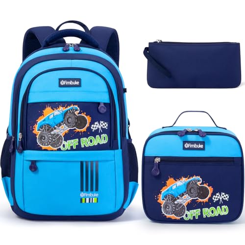 Fimibuke Kids Backpack for School Boys - 3 PCS Waterproof Teen Boy Backpack with Lunch Box & Pencil Pouch, School Bag Bookbag Daypack for Kindergarten Elementary Middle School, Age 5+(Monster Trucks)