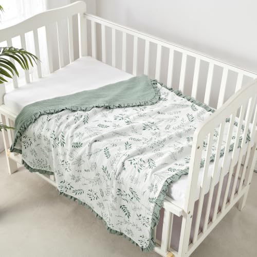 Image of CREVENT 40''X40'' 100% Organic Cotton Muslin Baby Blanket for Newborns, Essential for Baby Shower Birthday Gift - Green Leaves with Trim 100X100cm