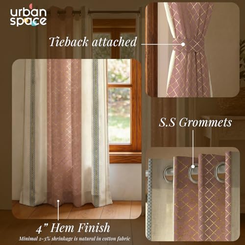 Image of Urban Space 100% Cotton Curtains with Gold Foil Print | Upto 60% Light Blocking Window Curtain 5 feet I Set of 2 Decorative Curtains with Eyelets and Tieback (Zari Jaal Dusty Pink Gold - 5 feet)
