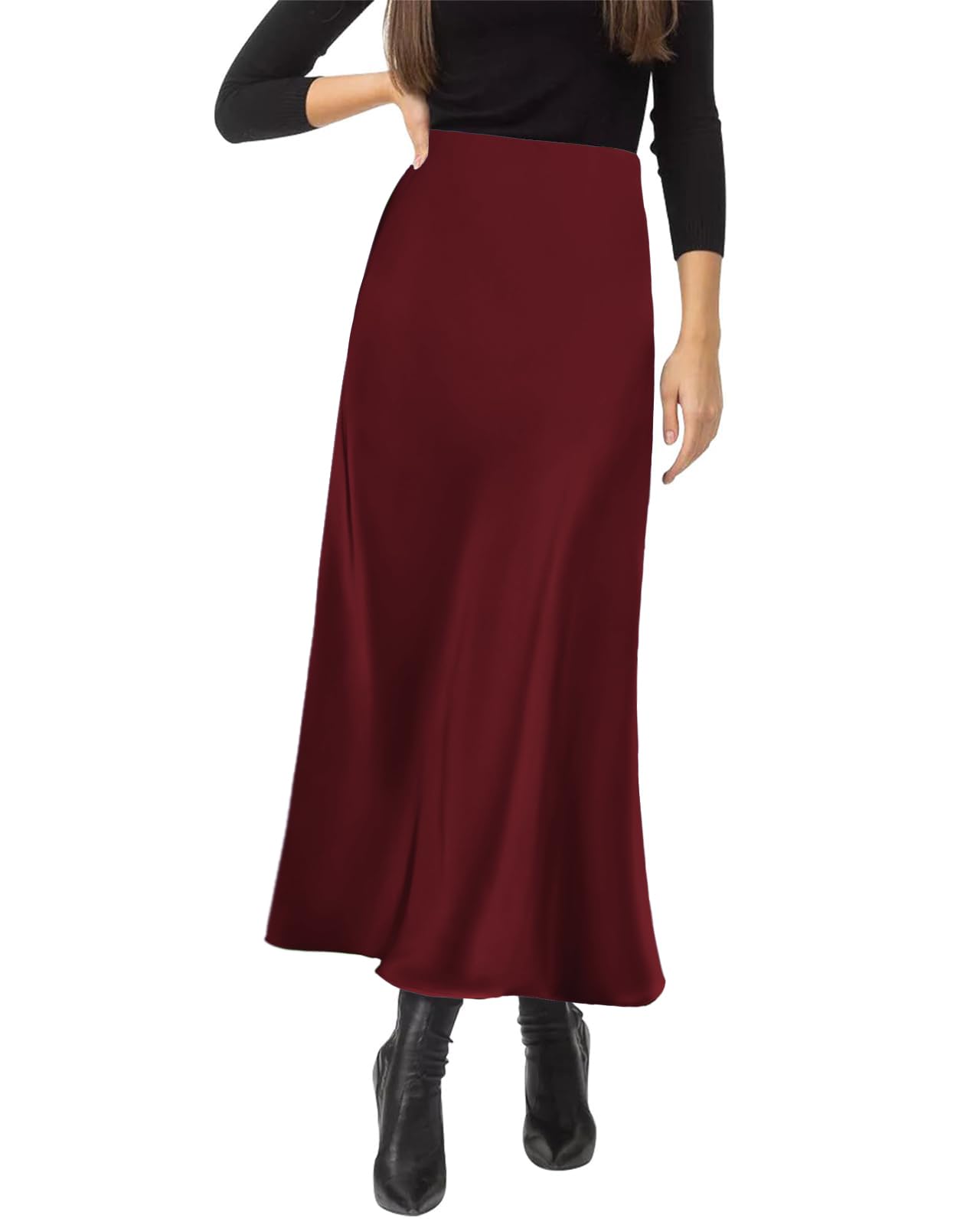 Amy Babe Women's Satin Silky High Waist Maxi Skirt Elegant Elastic Waistband A Line Long Skirts