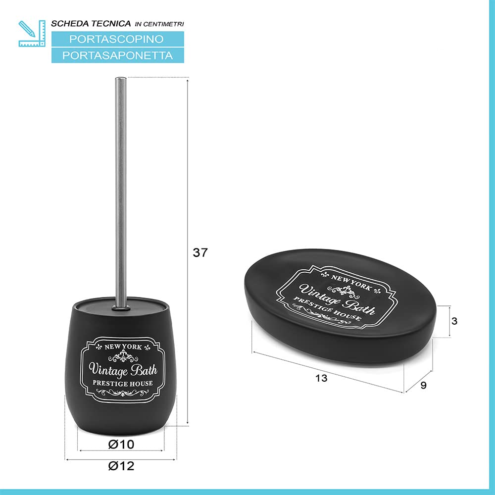 Inbagno Set Bagno Completo in Ceramica Nera con Stampe a Contrasto Bianche, Include Dispenser Sapone, portaspazzolini, portasapone e portascopino