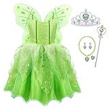 [Axaxa] ティンカーベル ドレス（蝶々妖精の衣装+蝶の翼） 7点セット Tinkbell フェアリーガール プリンセス ドレス 子供 コスプレ お花の妖精 精霊 キッズコスチューム 女の子 100cm-120cm 子供ドレス ハロウィン 仮装 ステージ衣装 結婚式 発表会 学園祭 文化 (110, グリーン①)