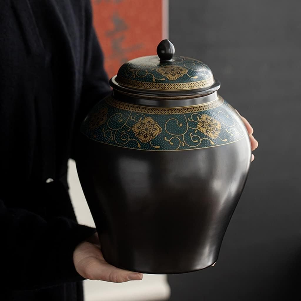 10" H Ceramic Ginger Jar with Lid, Black Gold Decorative Temple Jar Poecelain Tea Storage Jar, Decorative Vase for Home Decor
