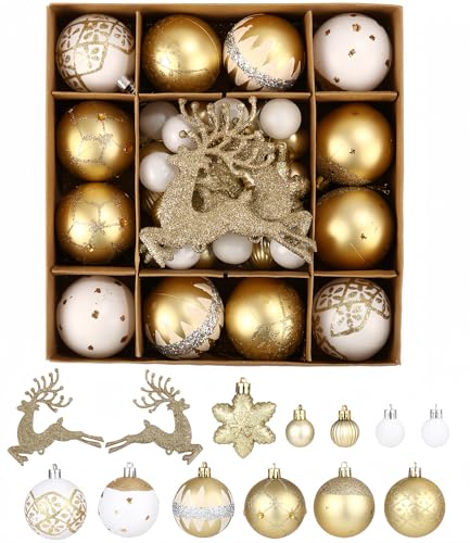 SOBEAU Bolas de Natal douradas e brancas, 40 peças bolas árvore de Natal de plástico, ornamento árvore de Natal de 12 tipos modelos, decoração para festas de Natal, casamentos e aniversários