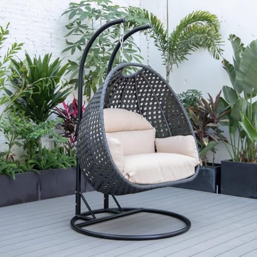 Image of Double Seater Hammock Swing Chair with Stand & Cushion | Heavy Duty Powder Coated Steel Frame | Outdoor Indoor Hanging Swing for Patio Balcony Garden Terrace Living Room (DARK.GREY-OFF.WHITE)