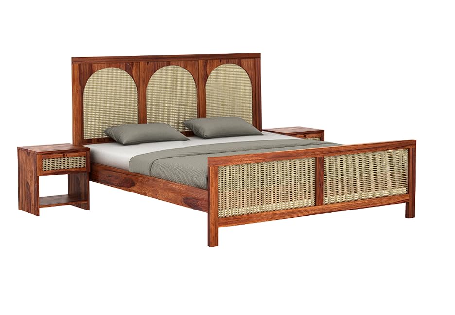Image of Sheesham Wood King Size Bed Without Storage for Bedroom | Solid Wooden Cane Bed Cot Furniture for Home, Hotel & Guest House | Modern Double Bed 80x75x48 Inch Design