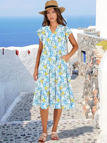 Image of ANRABESS Womens Summer Ruffle Sleeve V Neck Floral Print Midi Dress 2026 Fashion Casual Fit Flowy Tiered Boho Beach Vacation Sundress Blue Yellow Floral-XL