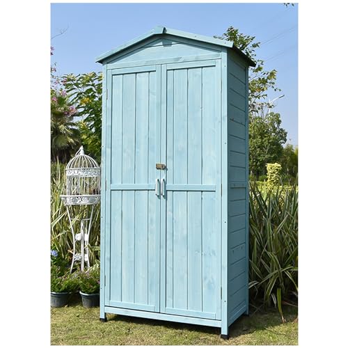 Cobertizo de almacenamiento de jardín al aire libre de 180 cm de alto, impermeable, con techo y pies, organizador de resina duradera para patio, azul, 181 x 90,5 x 55 cm